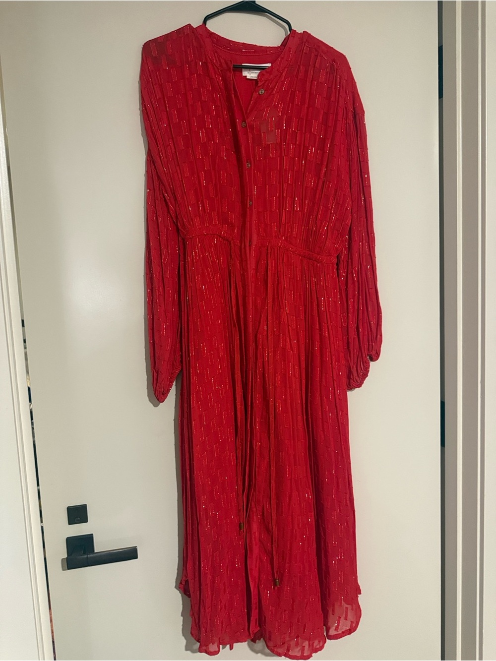 Anthropologie Red Long Sleeve Midi Dress with Metallic Thread